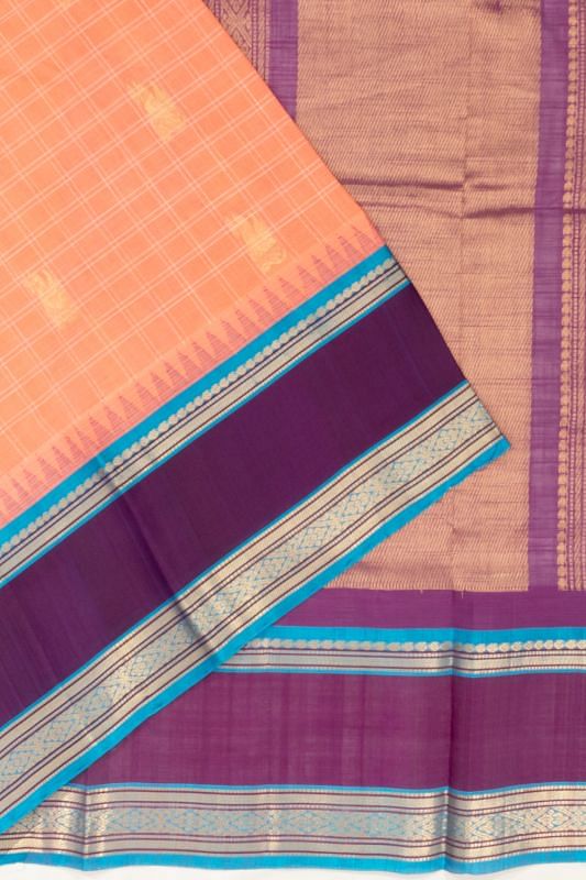 Chettinad Cotton Checks And Butta Pastel Orange Saree