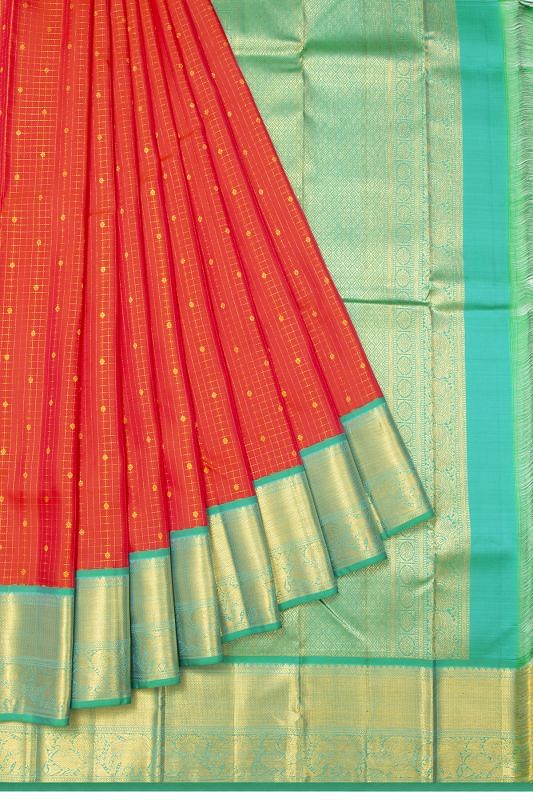 Kanchipuram Silk Checks And Butta Orange Saree