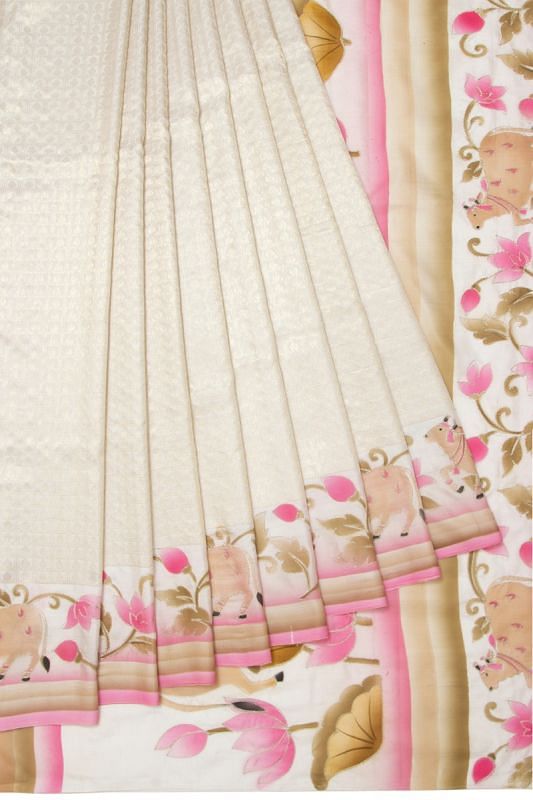 Kanchipuram Silk Checks And Butta Off White Saree With Aari Embroidery Border