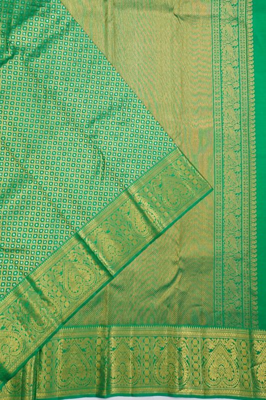 Kanchipuram Silk Criss Cross Checks And Butta Green Saree