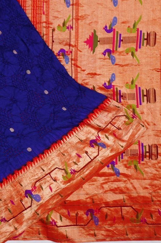 Paithani Silk Bandhani And Butta Dark Blue Saree With Akruthi Border