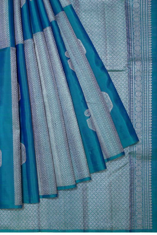 Kanchipuram Silk Antique Zari Brocade Teal Blue Saree