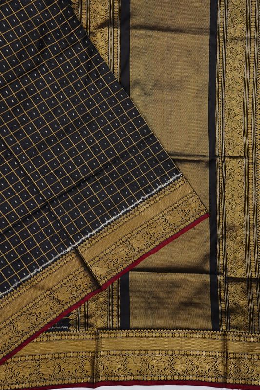 Kanchipuram Silk Ikat And Checks Black Saree