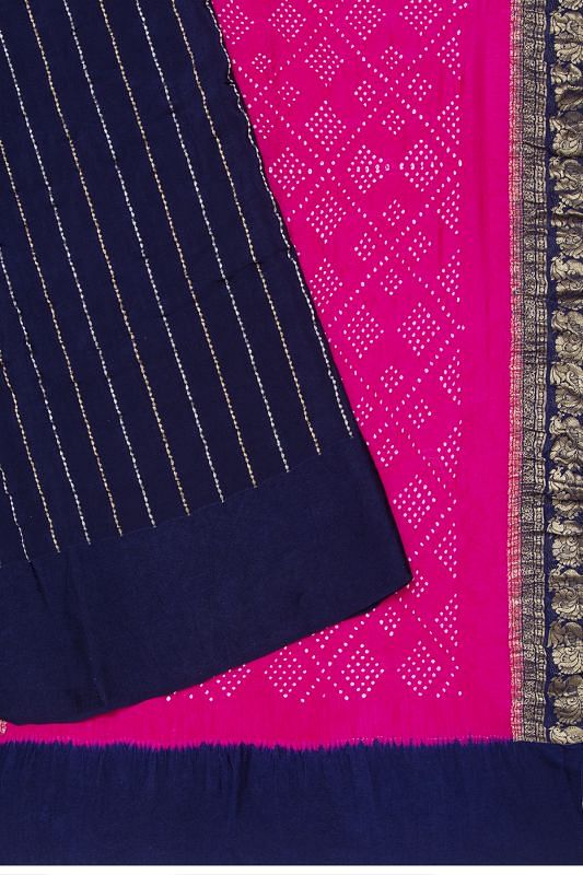 Georgette Vertical Lines Dark Blue Saree With Bandhani Pallu