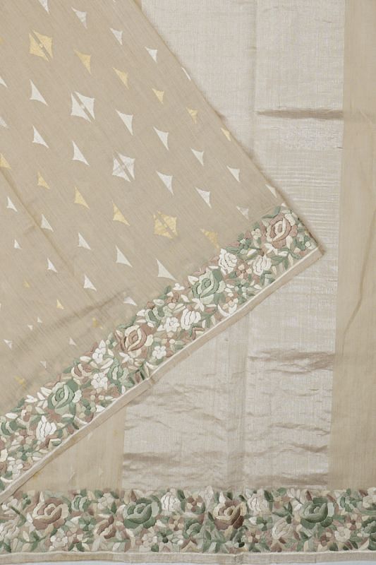 Tussar Jute Butta Beige Saree With Embroidery Border