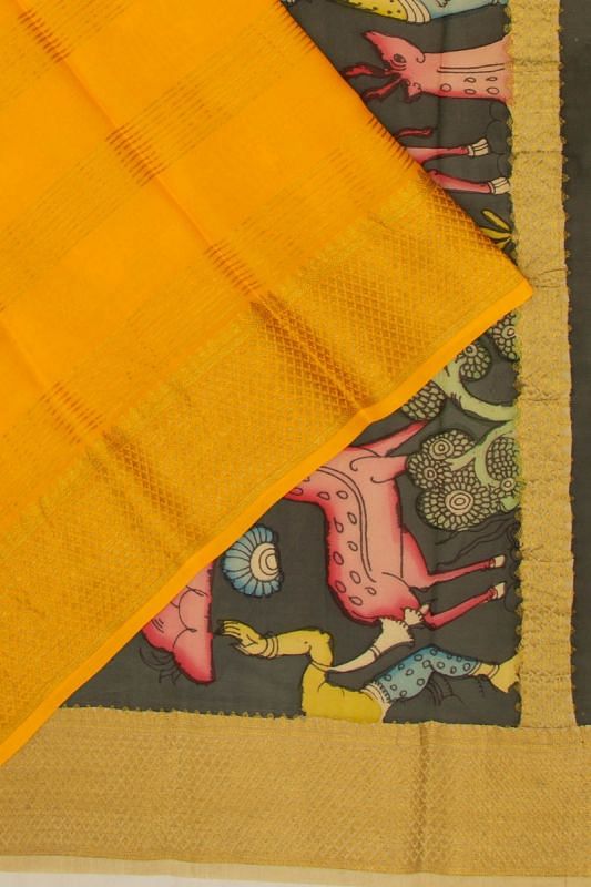 Georgette Horizontal Lines Mustard Yellow Saree With Kalamkari Pallu