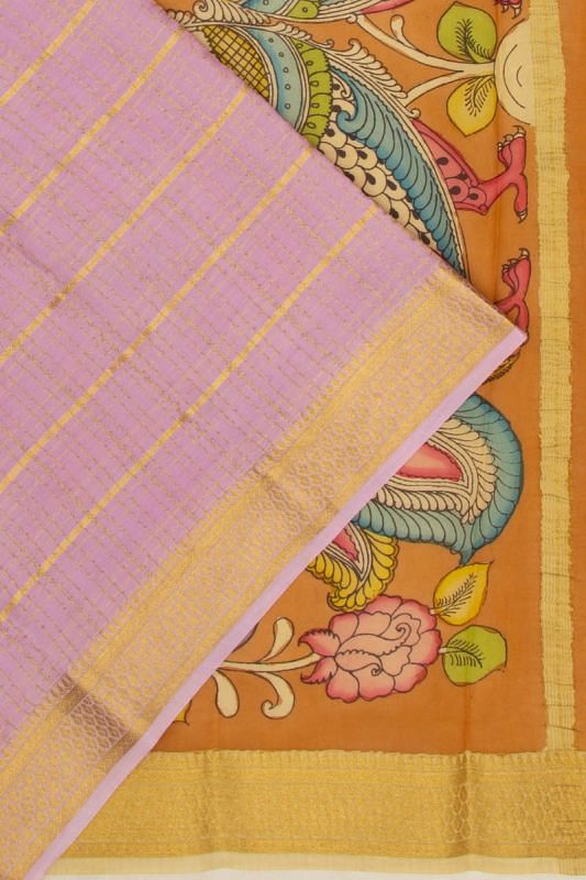 Georgette Horizontal Lines And Checks Lavender Saree With Kalamkari Pallu