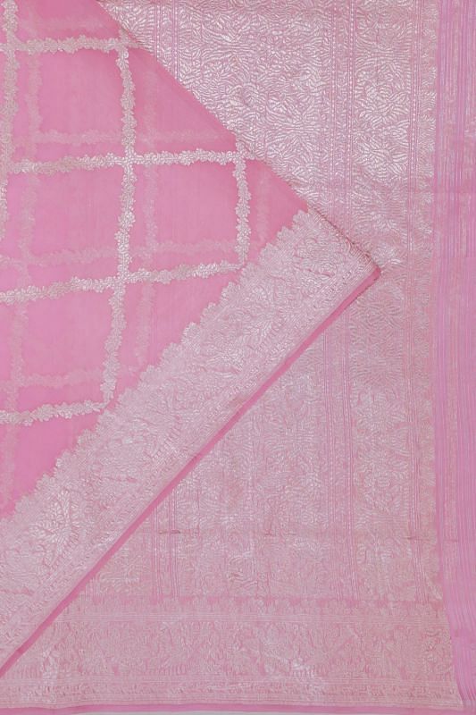 Banarasi Kora Organza Criss Cross Checks Baby Pink Saree