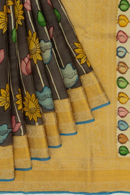 Kanchipuram Silk Kalamkari Handpainted Pastel Brown Saree