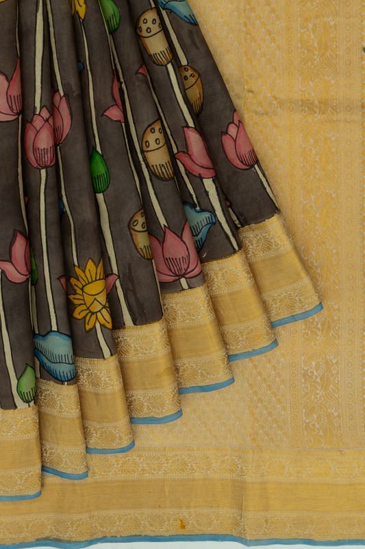 Kanchipuram Silk Kalamkari Handpainted Brown Saree