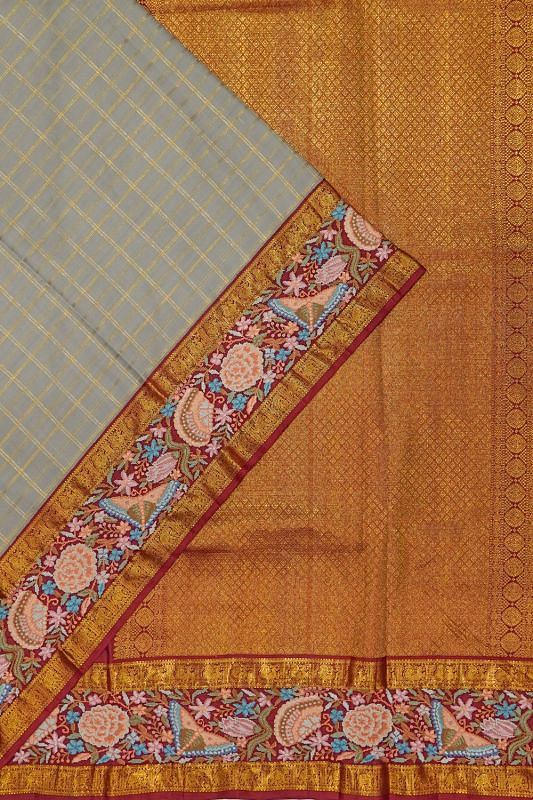 Kanchipuram Silk Checks Grey Saree With Parsi Gara Border