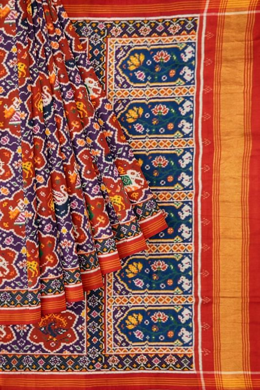 Patan Patola Silk Double Ikat 8 Figure Purple And Red Saree