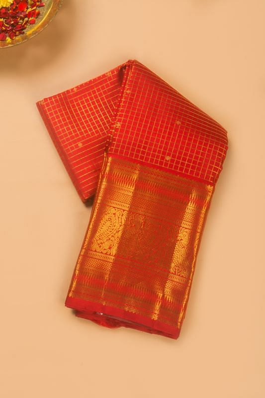 Taranga Kanchi Silk Checks And Butta Red Saree