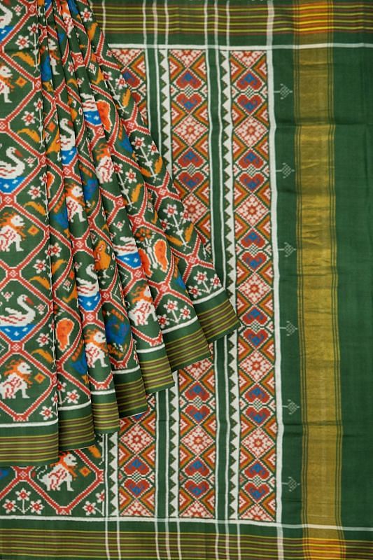 Patan Patola Silk Double Ikat 9 Figure Green Saree