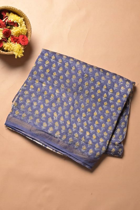 Chanderi Cotton Floral Printed Dark Blue Saree