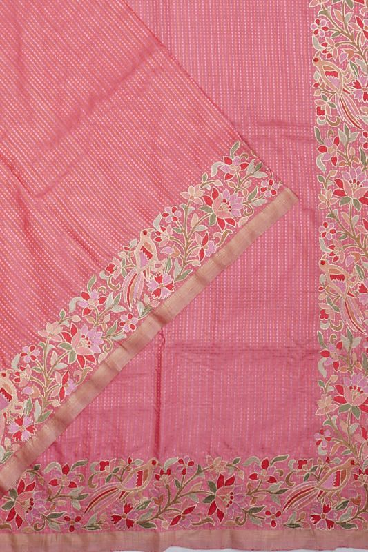 Kanchipuram Silk Brocade Pink Saree With Embroidery