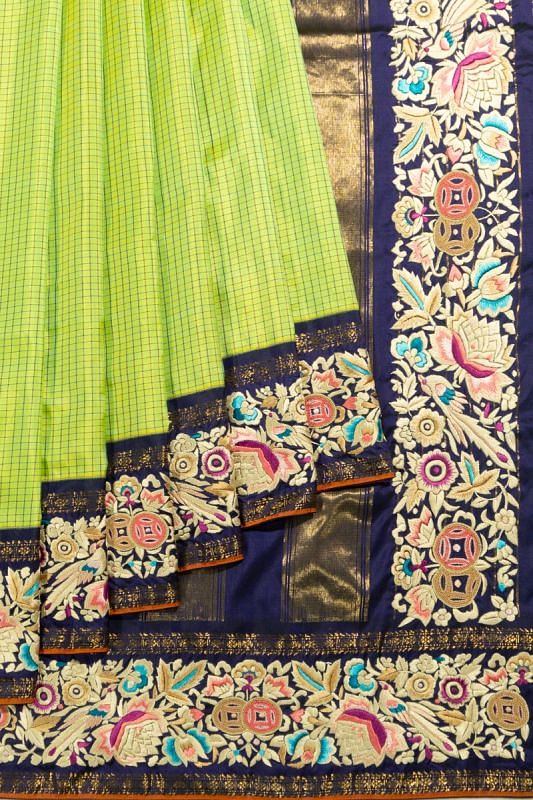 Parsi Gara X Kanchipuram Silk Checks Green Saree