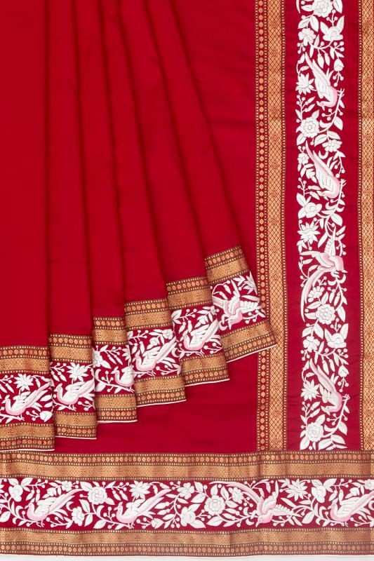 Parsi Gara Banarasi Silk Plain Pinkish Red Saree