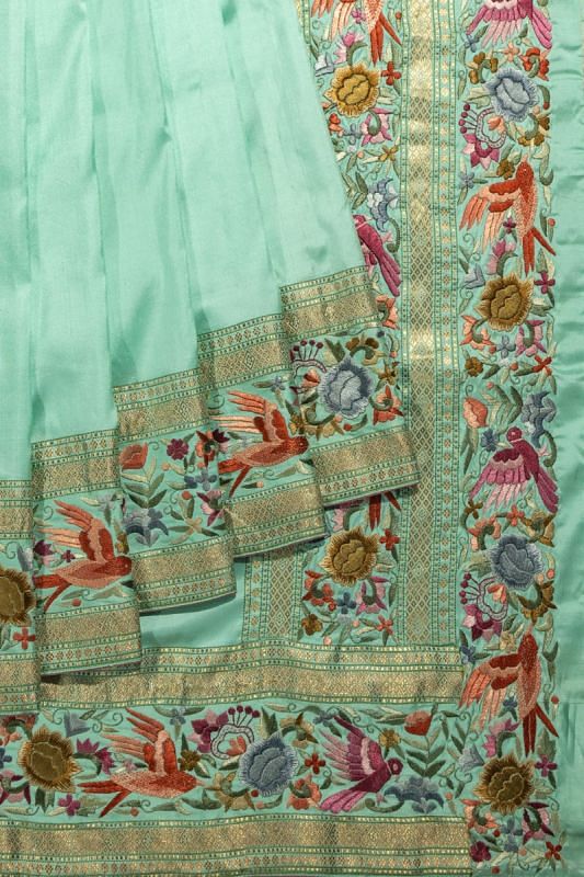 Parsi Gara X Banarasi Silk Plain Sea Green Saree