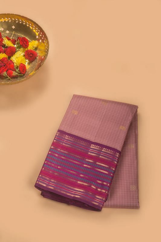 Kanchipuram Silk Checks And Butta Lilac Saree