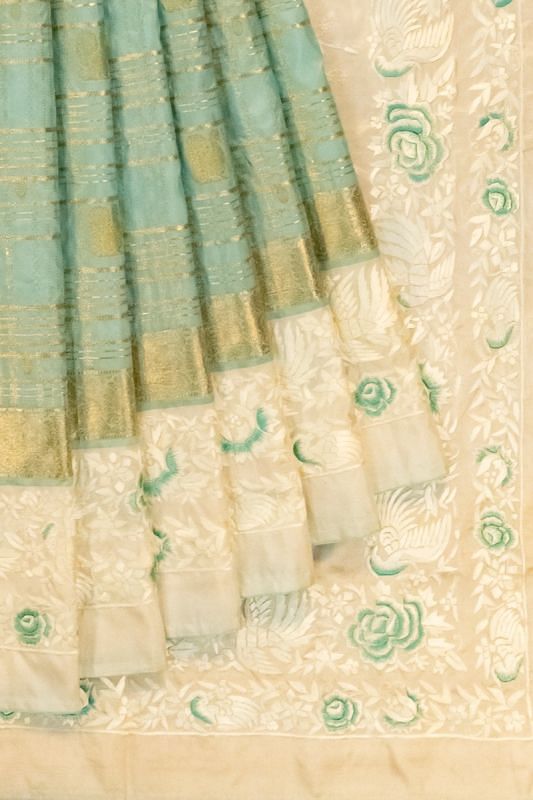 Parsi Gara x Kanchipuram Silk Checks And Butta Sea Blue Saree