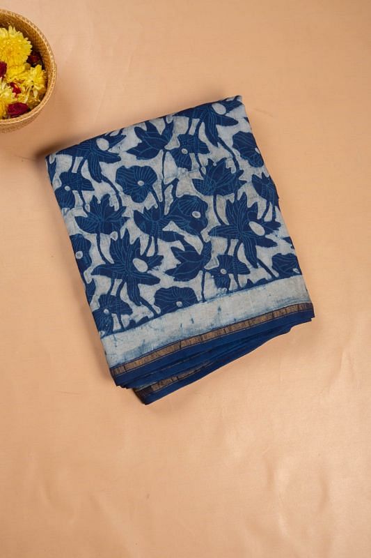 Chanderi Cotton Block Printed Jaal Indigo Saree