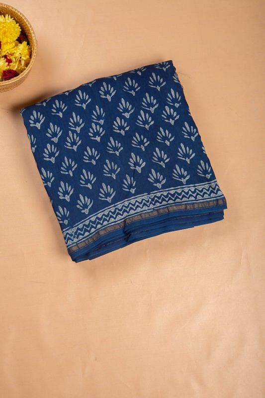 Chanderi Cotton Block Butta Printed Indigo Saree