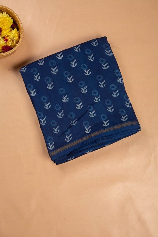 Chanderi Cotton Block Printed Butta Indigo Saree