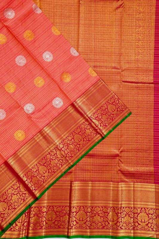 Kanchipuram Silk Checks And Butta Tomato Red Saree