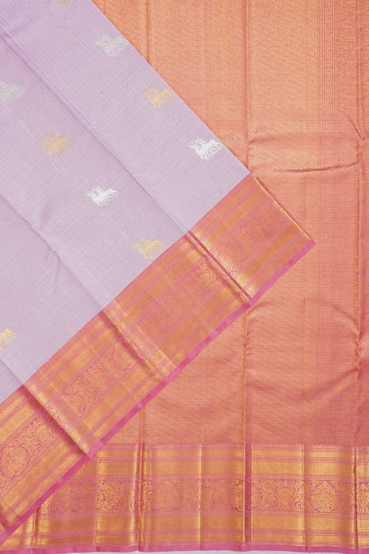 Kanchipuram Silk Checks And Butta Lavender Saree