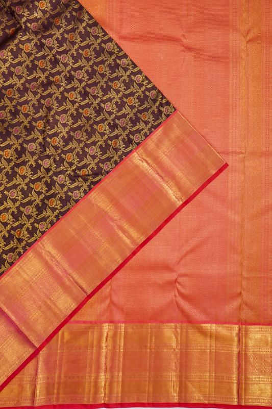 Kanchipuram Silk Jaal Dark Brown Saree