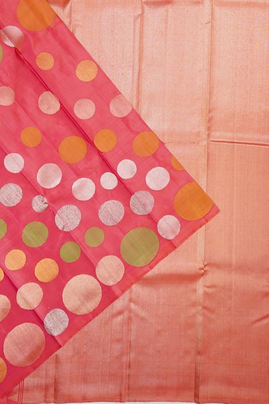 Kanchipuram Silk Polka Dot Butta Dual Tone Pink And Orange Saree