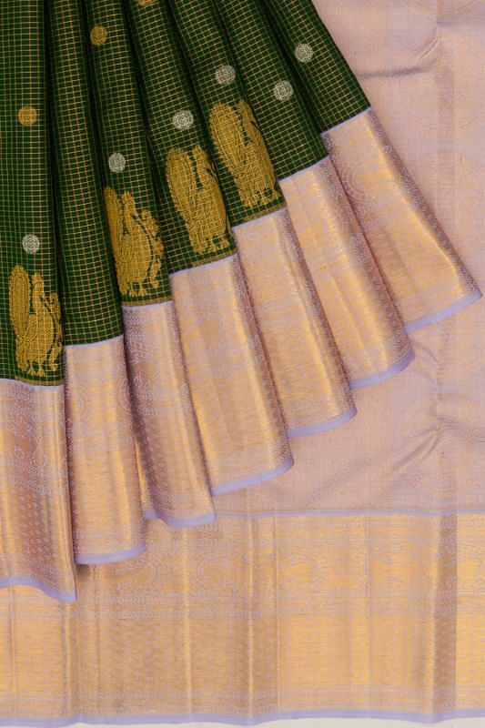 Kanchipuram Silk Checks And Butta Bottle Green Saree