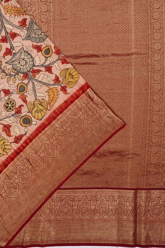 Kanchipuram Silk Hand Painted Kalamkari Baby Pink Saree