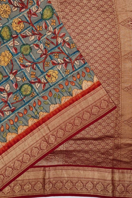 Kanchipuram Silk Hand Painted Kalamkari Baby Grey Saree