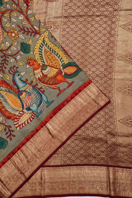 Kanchipuram Silk Hand Painted Kalamkari Grey Saree