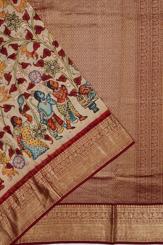 Kanchipuram Silk Hand Painted Kalamkari Beige Saree