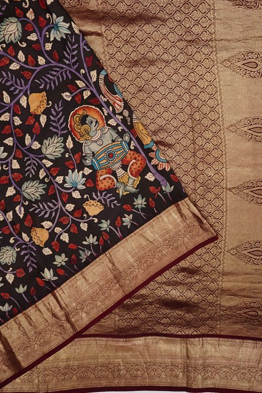 Kanchipuram Silk Hand Painted Kalamkari Black Saree