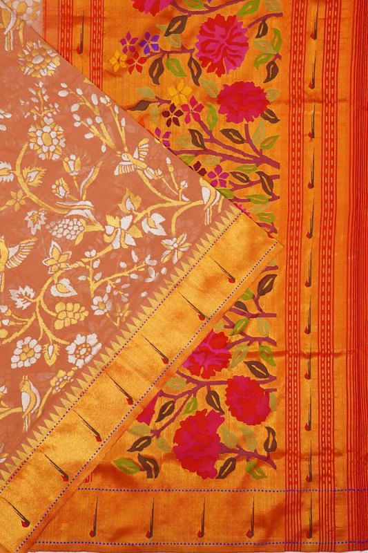 Ponduru Handspun Cotton All Over Jamdani Pastel Brown Saree With Paithani Border And Pallu