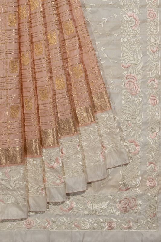 Parsi Gara x Kanchipuram Silk Checks And Butta Peach Saree