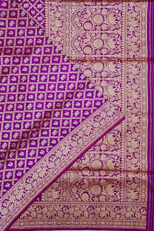 Banarasi Silk Kadwa Criss Cross Checks And Butta Violet Saree