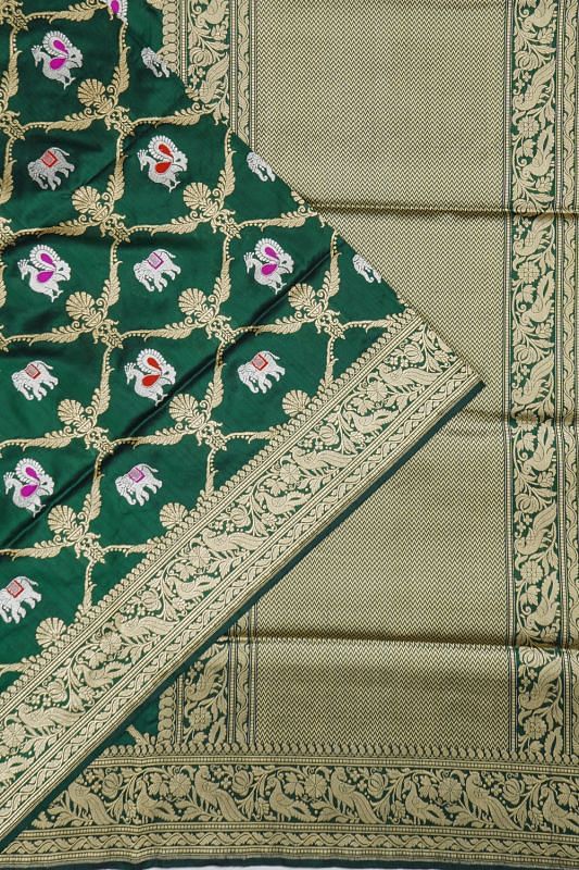 Banarasi Silk Kadwa Jaal And Butta Bottle Green Saree