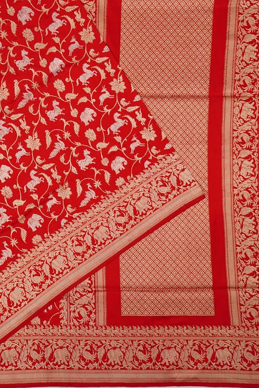 Banarasi Silk Shikargah Jaal Red Saree