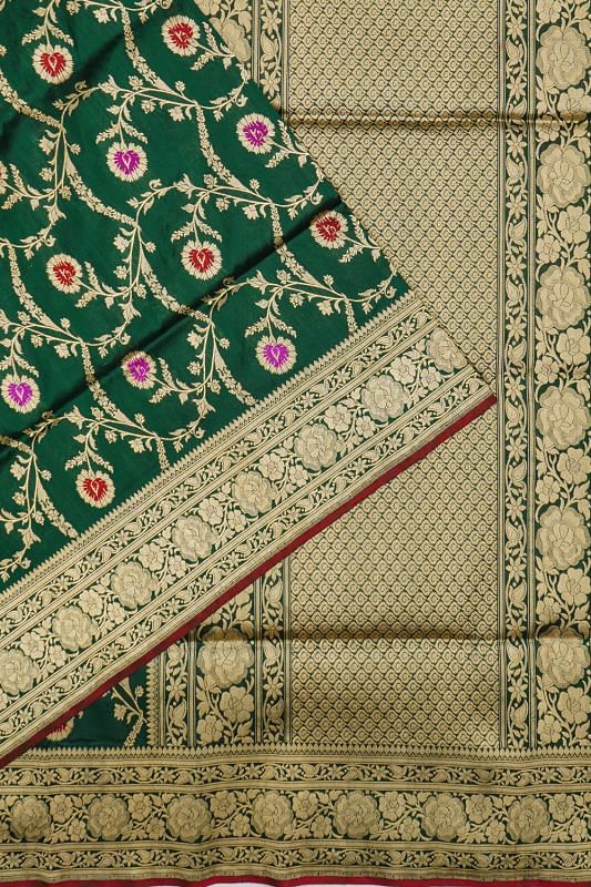 Banarasi Silk Kadwa Jaal Bottle Green Saree