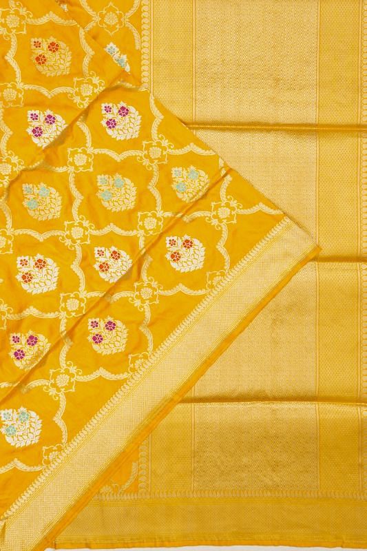 Banarasi Silk Kadwa Jaal And Butta Mustard Yellow Saree