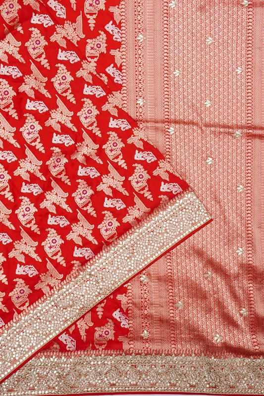 Banarasi Silk Kadwa Butta Red Saree With Zardosi Work Border