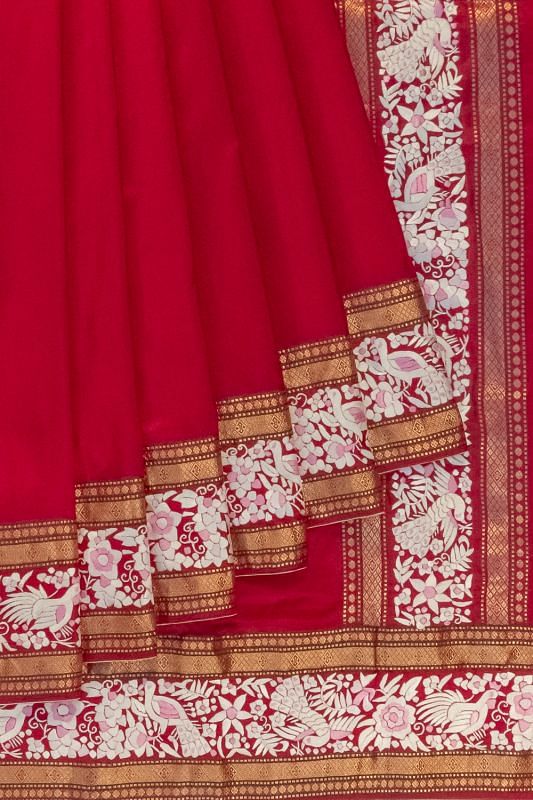 Parsi Gara Banarasi Silk Plain Red Saree