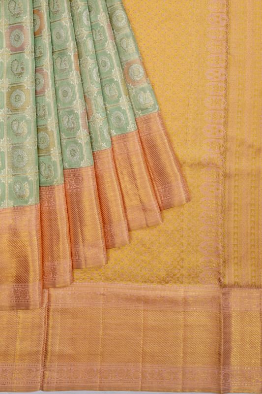 Kanchipuram Silk Tissue Checks And Butta Green Saree