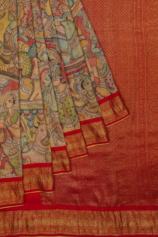 Kanchipuram Silk Handpainted Kalamkari Yellow Saree