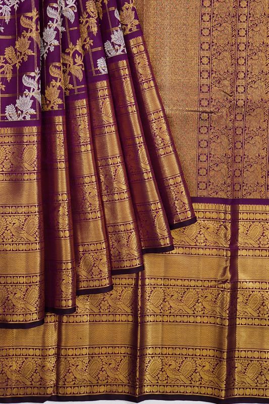 Kanchipuram Silk Checks And Jaal Purple Saree